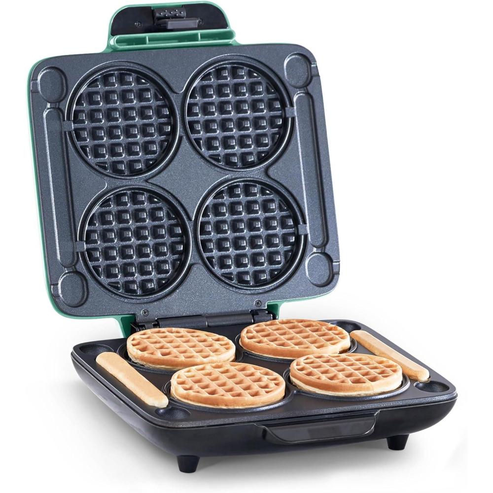 imageDASH Multi Mini Waffle Maker  Four 4 Waffle Molds Nonstick Waffle Iron with Quick HeatUp Nonstick Surface  Perfect Mini Waffle Maker for Kids and Families Just Add BatterAqua