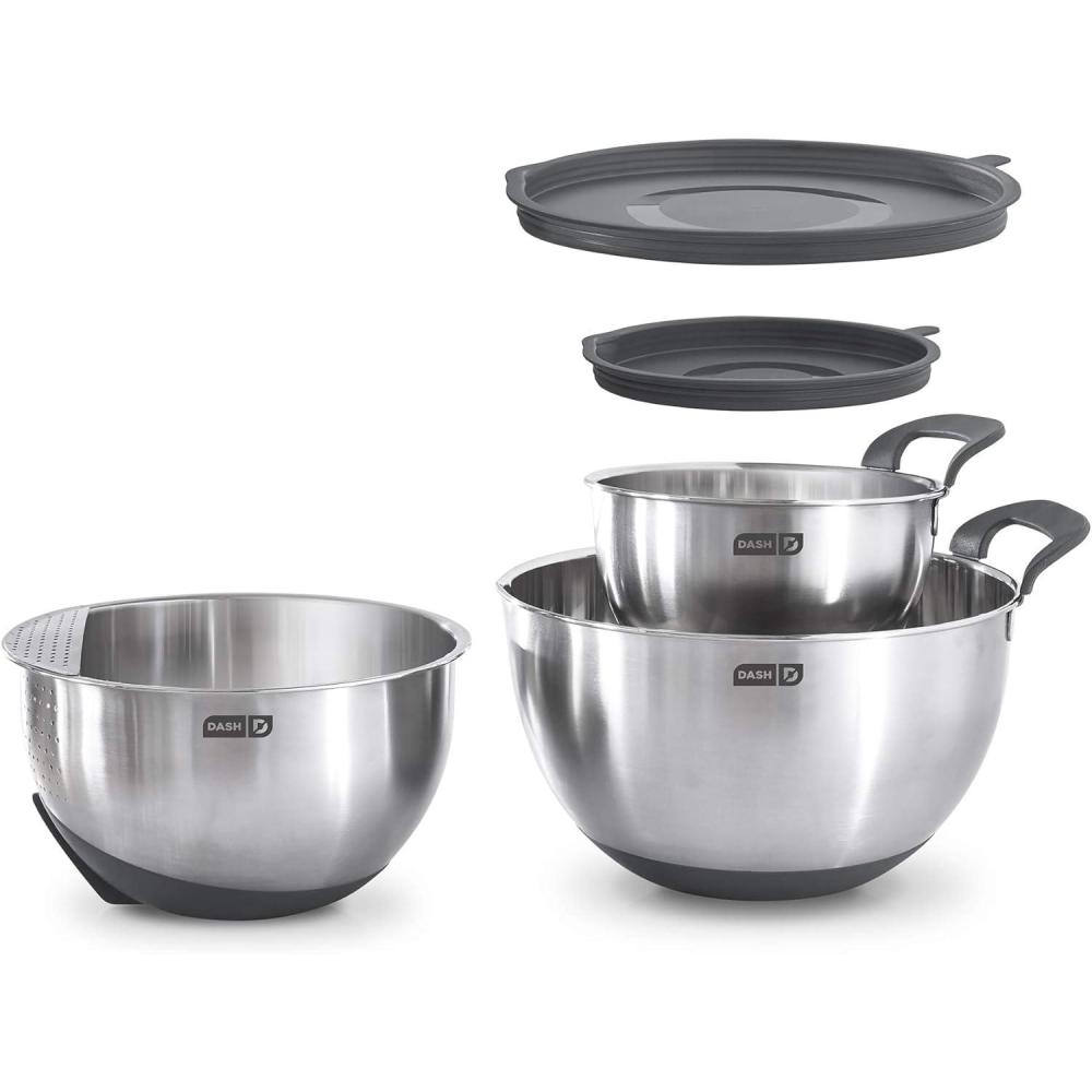 imageDASH Stainless Steel Mixing Bowls with Lids Silicone NonSlip Base with Measuring Lines and Strainer 3 Bowl Set  15 Quart 3 Quart ampamp 5 Quart  AquaGray