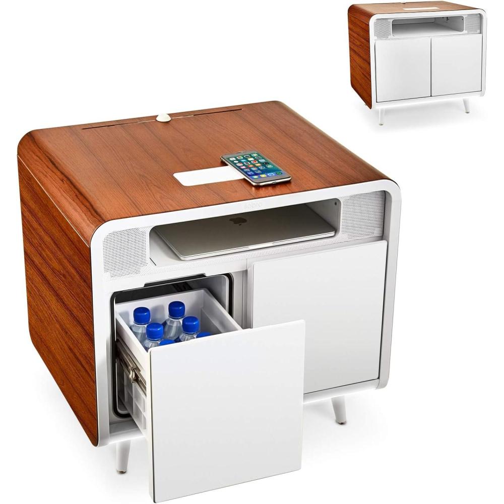 imageSmart SideNightstand Table  with Cooling Drawer Wireless Charging Bluetooth Speakers USBC and 120V outlets LED Light WoodBlackWoodWhite