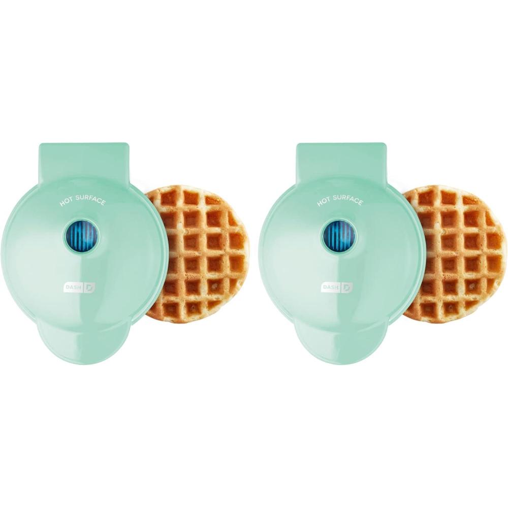 imageDASH Mini Waffle Maker 2 Pack for Individual Waffles Hash Browns Keto Chaffles with Easy to Clean NonStick Surfaces 4 Inch BlackAqua