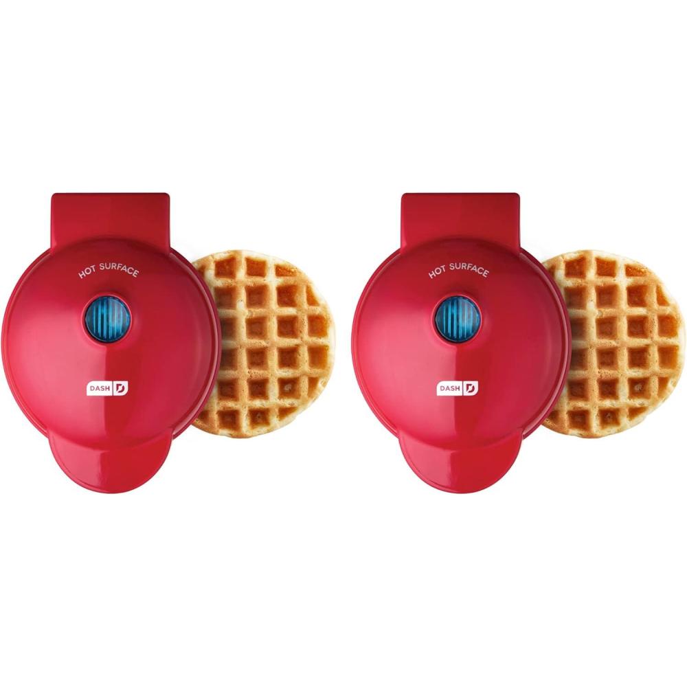 imageDASH Mini Waffle Maker 2 Pack for Individual Waffles Hash Browns Keto Chaffles with Easy to Clean NonStick Surfaces 4 Inch BlackRed