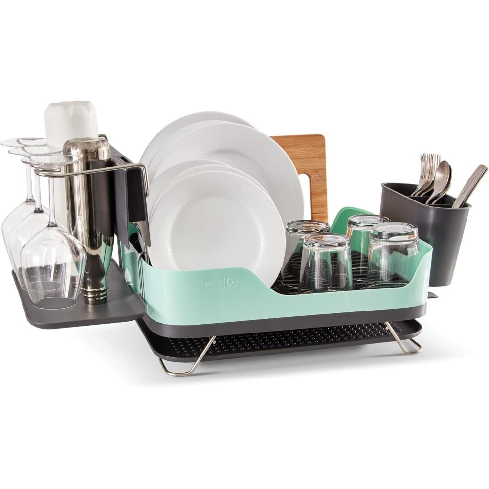 imageDASH SmartStore Full Size Dish Rack  Plates Cups Utensil Holder Knife Slot Drainage Spout  Drying Mat  WhiteAqua
