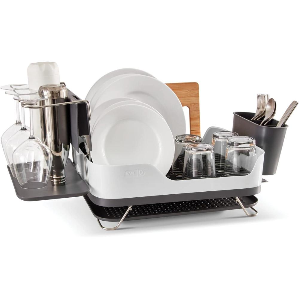 imageDASH SmartStore Full Size Dish Rack  Plates Cups Utensil Holder Knife Slot Drainage Spout  Drying Mat  WhiteWhite