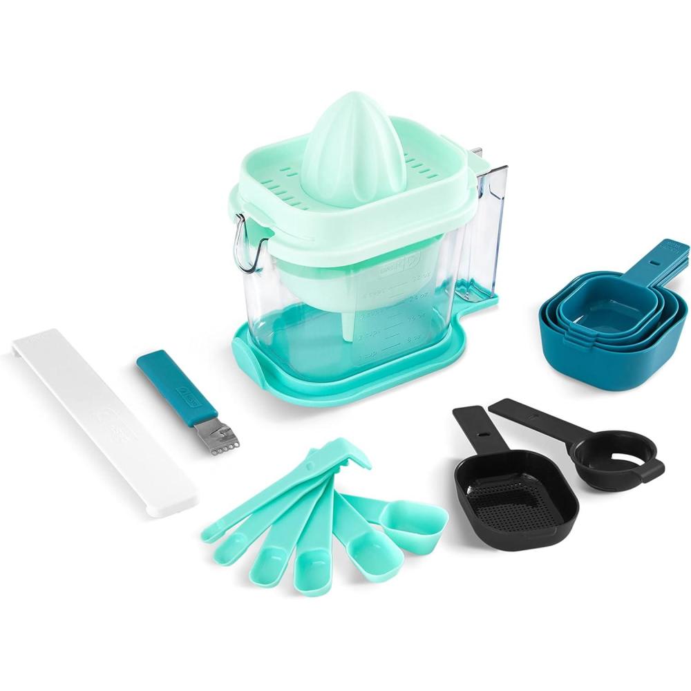 imageDash SmartStore Measuring Set with Citrus Juicer 6 Measuring Spoons 4 Measuring Cups Liquid Measuring Cup Citrus Zester Funnel Leveler Egg Separator Sifter and Storage Lid 20 Piece SetAqua