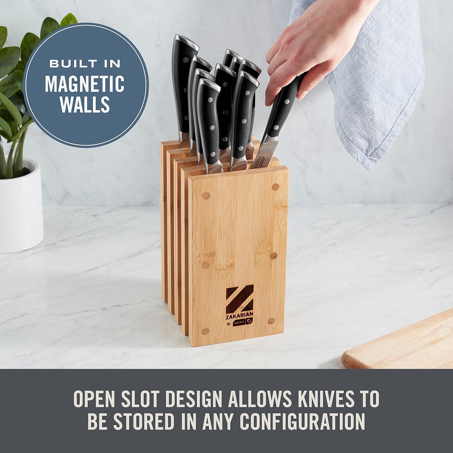 imageDASH Zakarian by DASH 11Piece German Steel Kitchen Knife Set with 7quot Chef 5quot Santoku 5quot Serrated Utility 35quot Paring 6 Steak Knives and Magnetic Bamboo Knife Block Blue11 Piece Knife Block Set  Black
