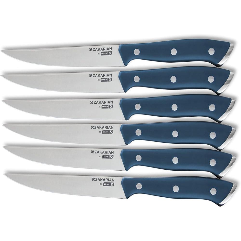 imageDASH Zakarian 6Piece Steak Knife Set NonSerrated Full Tang German Steel Blade BlackBlue