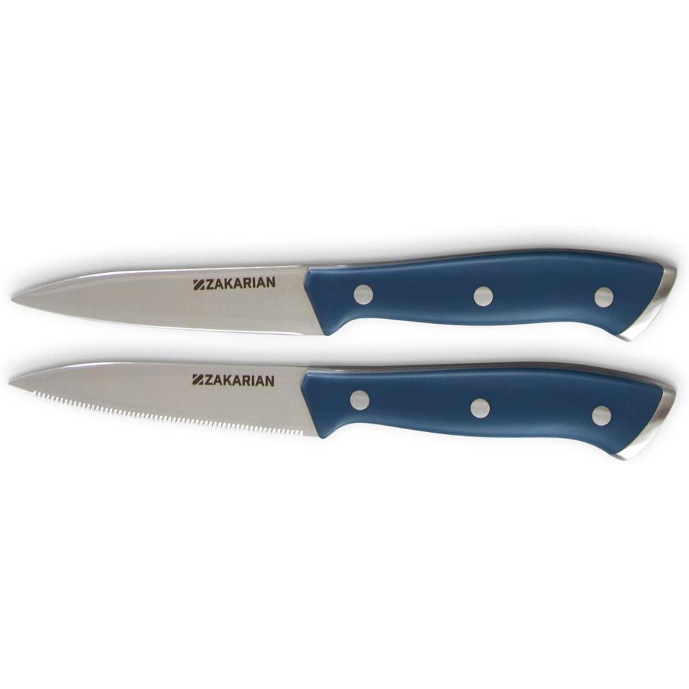 imageZakarian by Dash 2 Piece Chef Grade German Steel Paring Knife Set with Smooth and Serrated Blades for Chopping Dicing Mincing Slicing and More  WhiteBlue