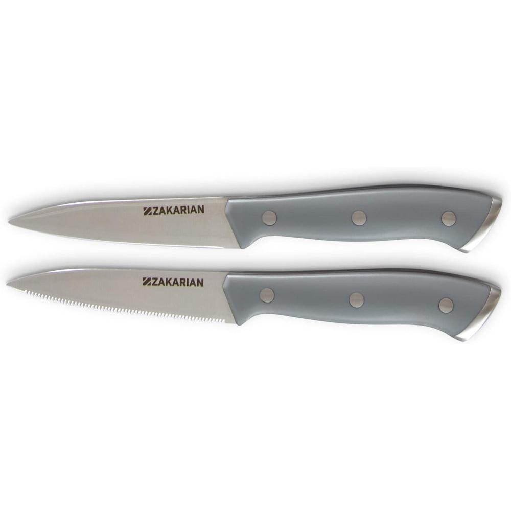 imageZakarian by Dash 2 Piece Chef Grade German Steel Paring Knife Set with Smooth and Serrated Blades for Chopping Dicing Mincing Slicing and More  WhiteGray