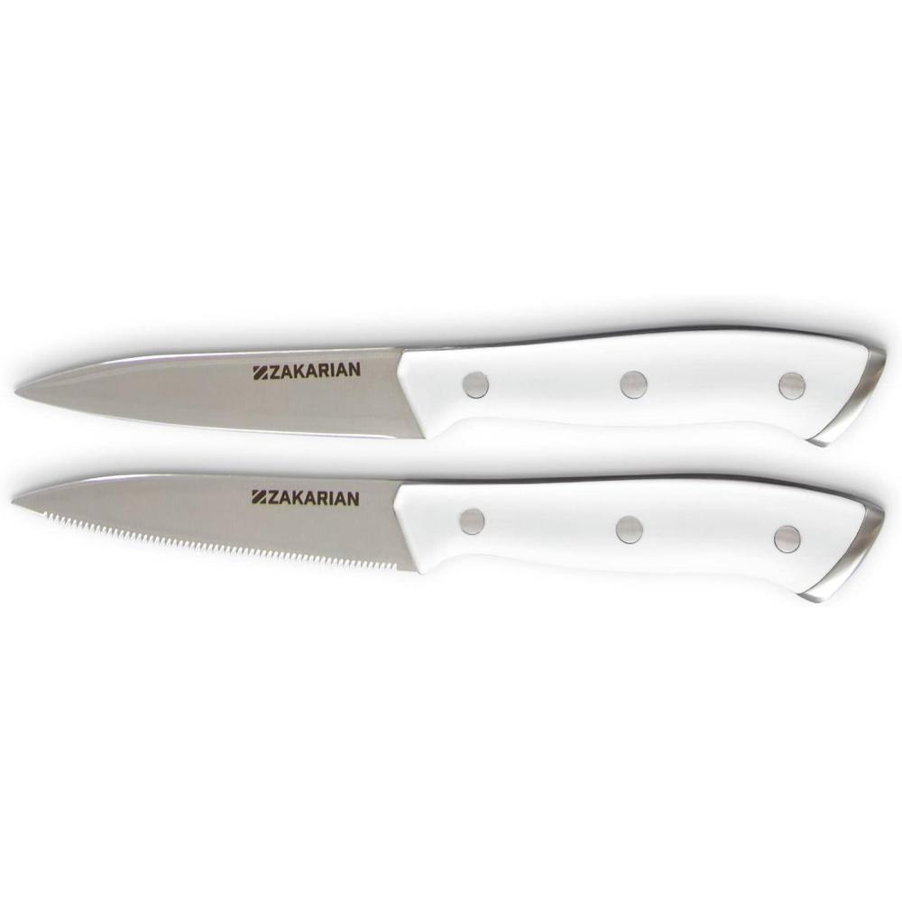 imageZakarian by Dash 2 Piece Chef Grade German Steel Paring Knife Set with Smooth and Serrated Blades for Chopping Dicing Mincing Slicing and More  WhiteWhite