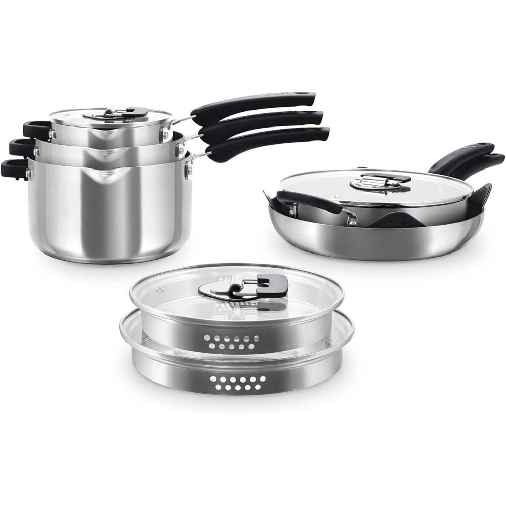 imageZakarian by Dash TruPro 10 Piece Nonstick Stainless Steel Cookware Set with Straining Lids BlackBlack