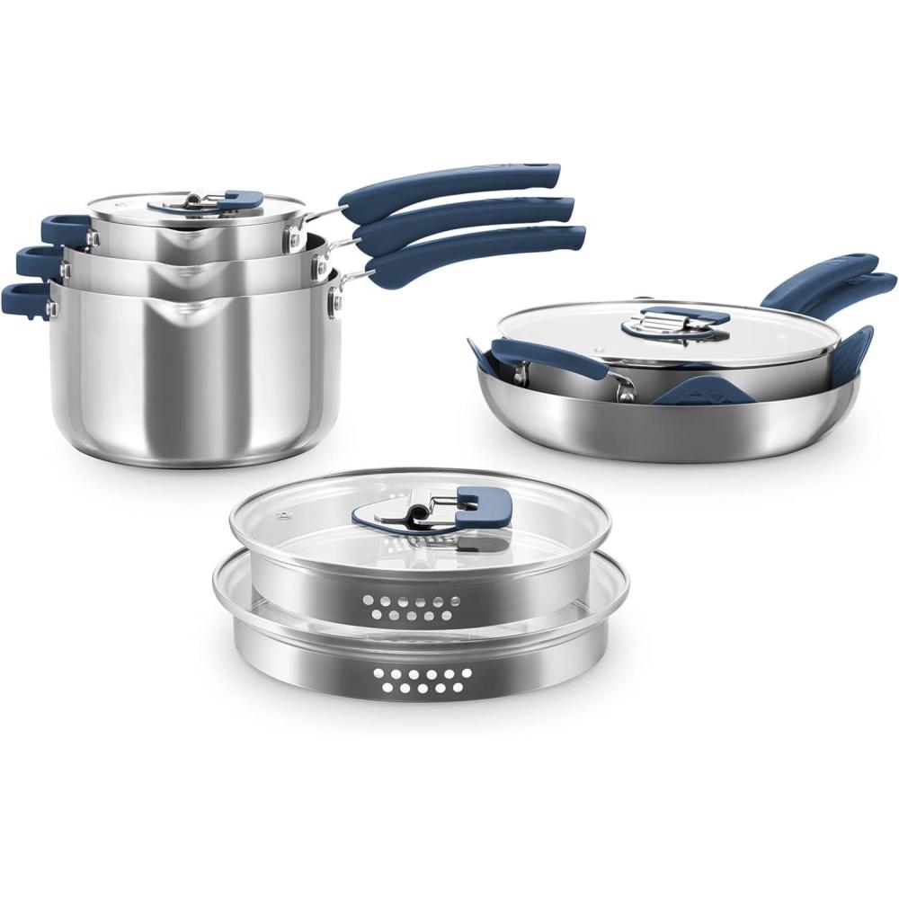 imageZakarian by Dash TruPro 10 Piece Nonstick Stainless Steel Cookware Set with Straining Lids BlackBlue
