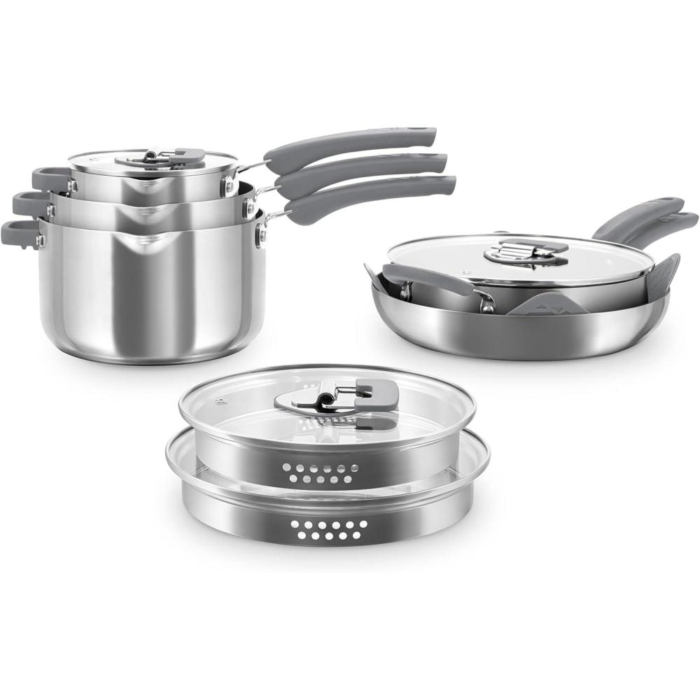 imageZakarian by Dash TruPro 10 Piece Nonstick Stainless Steel Cookware Set with Straining Lids BlackGray
