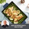 DASH Zakarian by Dash 9″x13″ Nonstick Cast Iron Pan with Pour Spout and Removable Silicone Grips for Searing, Baking, Broiling, Grilling and more – Grey(Blue)