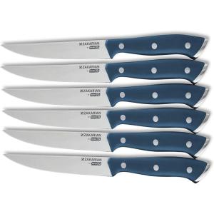 DASH Zakarian 6-Piece Steak Knife Set, Non-Serrated Full Tang German Steel Blade, Black(Blue)