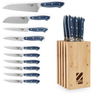 DASH Zakarian by DASH 11-Piece German Steel Kitchen Knife Set with 7″ Chef, 5″ Santoku, 5″ Serrated Utility, 3.5″ Paring, 6 Steak Knives and Magnetic Bamboo Knife Block, Blue(11 Piece Knife Block Set  Blue)