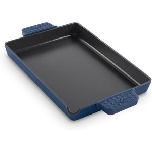 DASH Zakarian by Dash 9″x13″ Nonstick Cast Iron Pan with Pour Spout and Removable Silicone Grips for Searing, Baking, Broiling, Grilling and more – Grey(Blue)