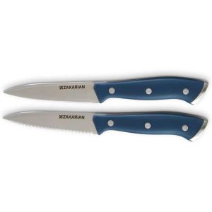 Zakarian by Dash 2 Piece Chef Grade German Steel Paring Knife Set with Smooth and Serrated Blades for Chopping, Dicing, Mincing, Slicing and More – White(Blue)