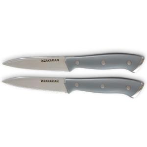 Zakarian by Dash 2 Piece Chef Grade German Steel Paring Knife Set with Smooth and Serrated Blades for Chopping, Dicing, Mincing, Slicing and More – White(Gray)