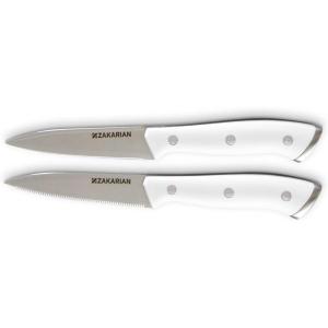 Zakarian by Dash 2 Piece Chef Grade German Steel Paring Knife Set with Smooth and Serrated Blades for Chopping, Dicing, Mincing, Slicing and More – White(White)