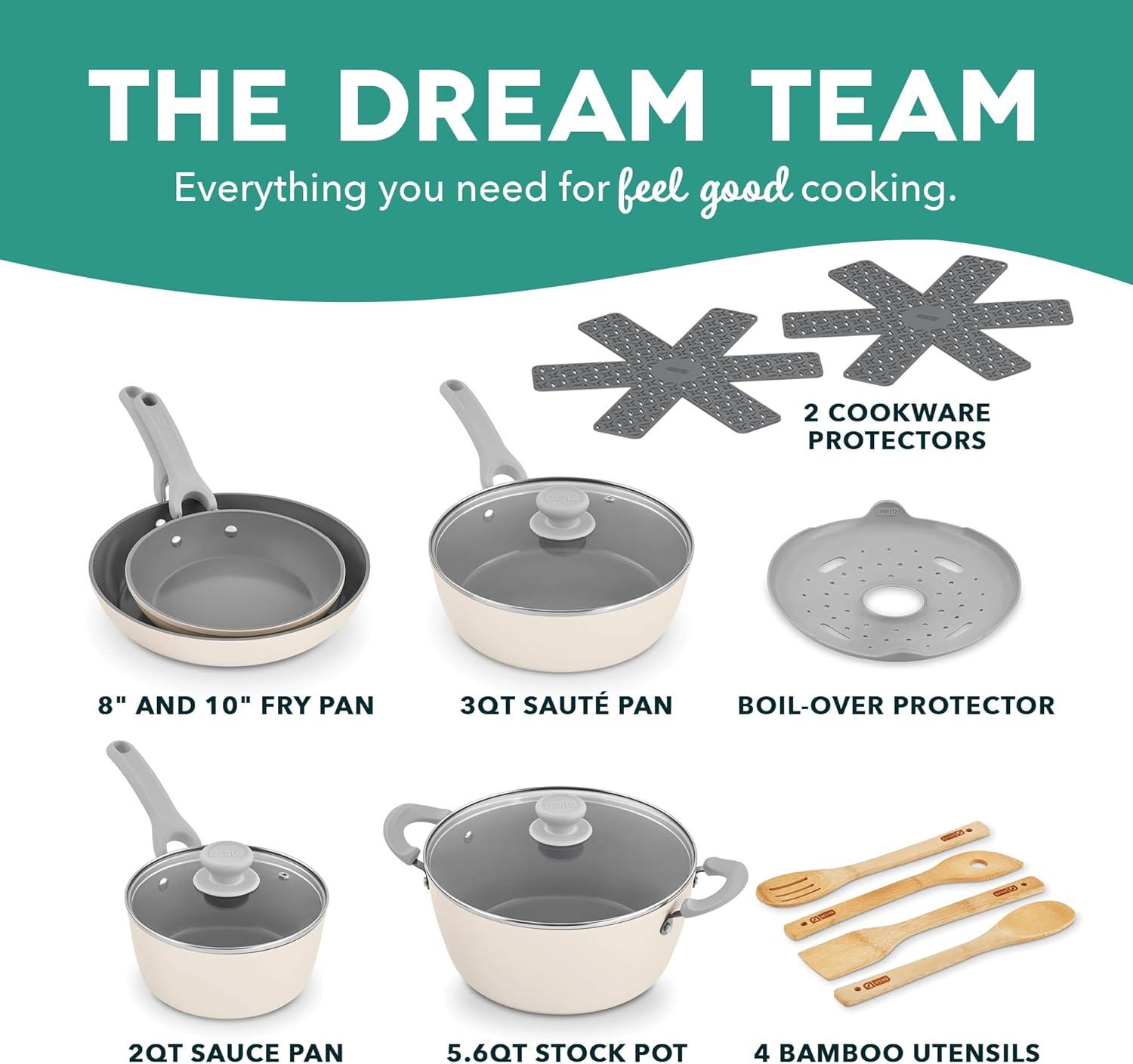 imageDASH Dream Green Nonstick Ceramic Cookware Set 15 Piece Pink Recycled Aluminum and Ceramic Nonstick Cookware Set Oven Safe and Compatible with All CooktopsCream