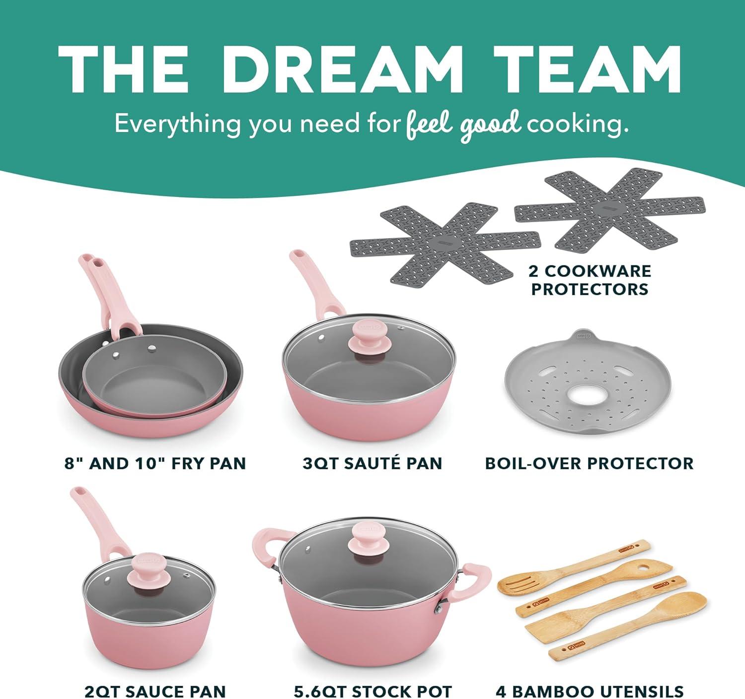 imageDASH Dream Green Nonstick Ceramic Cookware Set 15 Piece Pink Recycled Aluminum and Ceramic Nonstick Cookware Set Oven Safe and Compatible with All CooktopsPink
