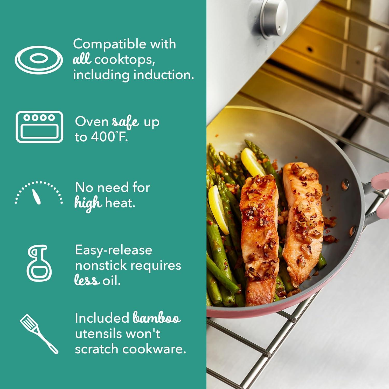 imageDASH Dream Green Nonstick Ceramic Cookware Set 15 Piece Pink Recycled Aluminum and Ceramic Nonstick Cookware Set Oven Safe and Compatible with All CooktopsPink