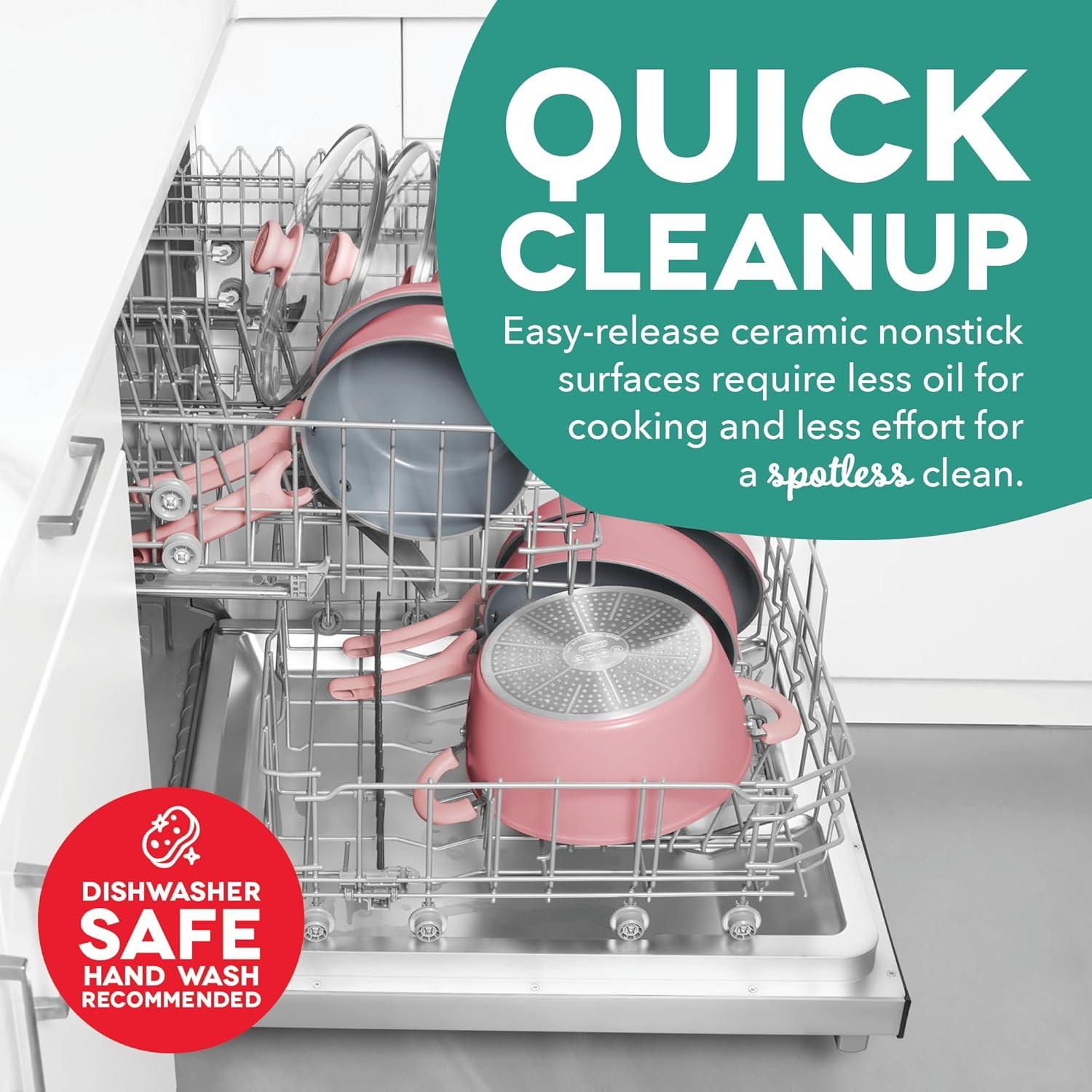 imageDASH Dream Green Nonstick Ceramic Cookware Set 15 Piece Pink Recycled Aluminum and Ceramic Nonstick Cookware Set Oven Safe and Compatible with All CooktopsPink