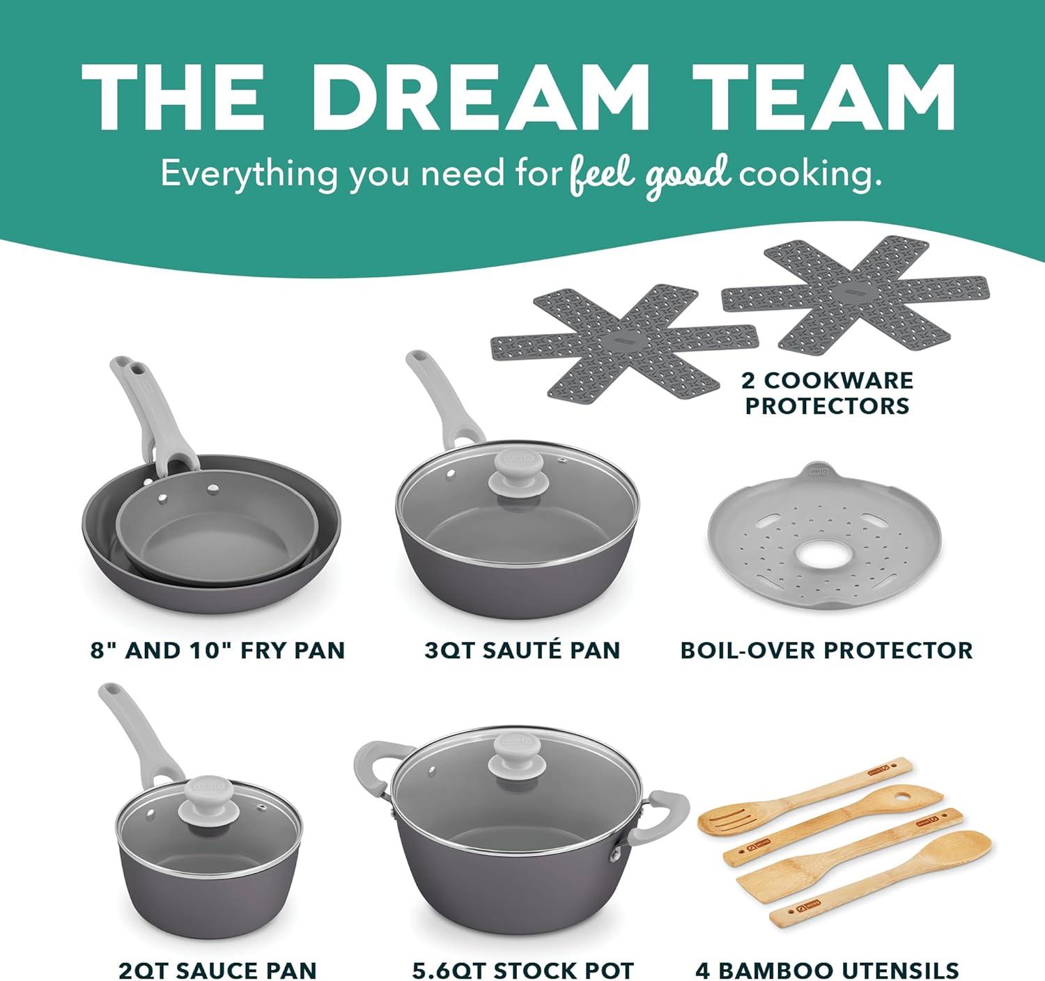 imageDASH Dream Green Nonstick Ceramic Cookware Set 15 Piece Pink  Recycled Aluminum and Ceramic Nonstick Cookware Set Oven Safe and Compatible with All CooktopsSlate Gray