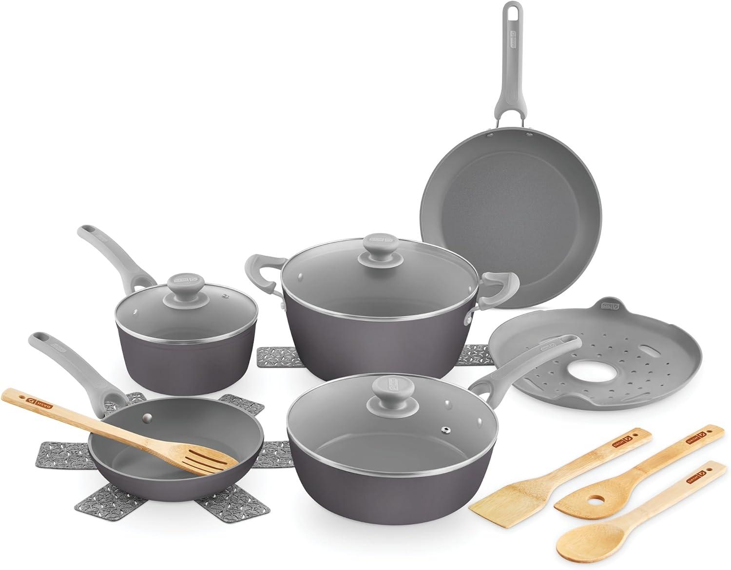 imageDASH Dream Green Nonstick Ceramic Cookware Set 15 Piece Pink  Recycled Aluminum and Ceramic Nonstick Cookware Set Oven Safe and Compatible with All CooktopsSlate Gray
