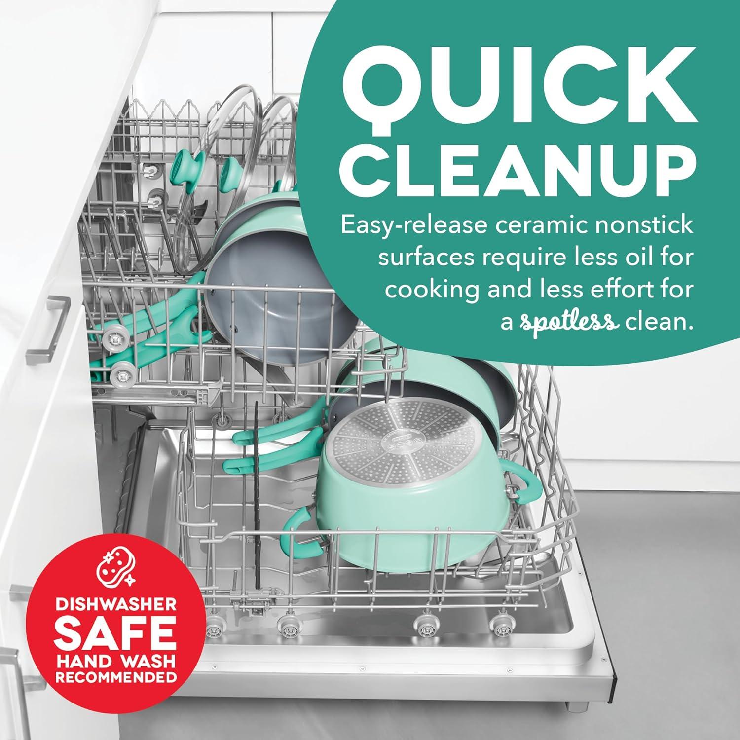 imageDASH Dream Green Nonstick Ceramic Cookware Set 15 Piece Pink Recycled Aluminum and Ceramic Nonstick Cookware Set Oven Safe and Compatible with All CooktopsAqua