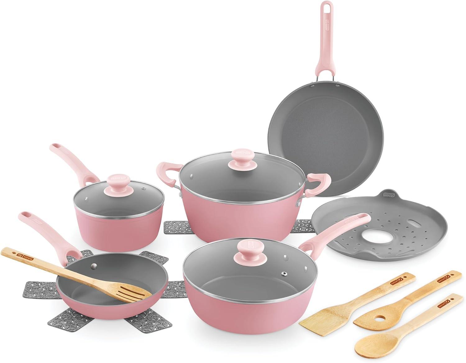 imageDASH Dream Green Nonstick Ceramic Cookware Set 15 Piece Pink Recycled Aluminum and Ceramic Nonstick Cookware Set Oven Safe and Compatible with All CooktopsPink