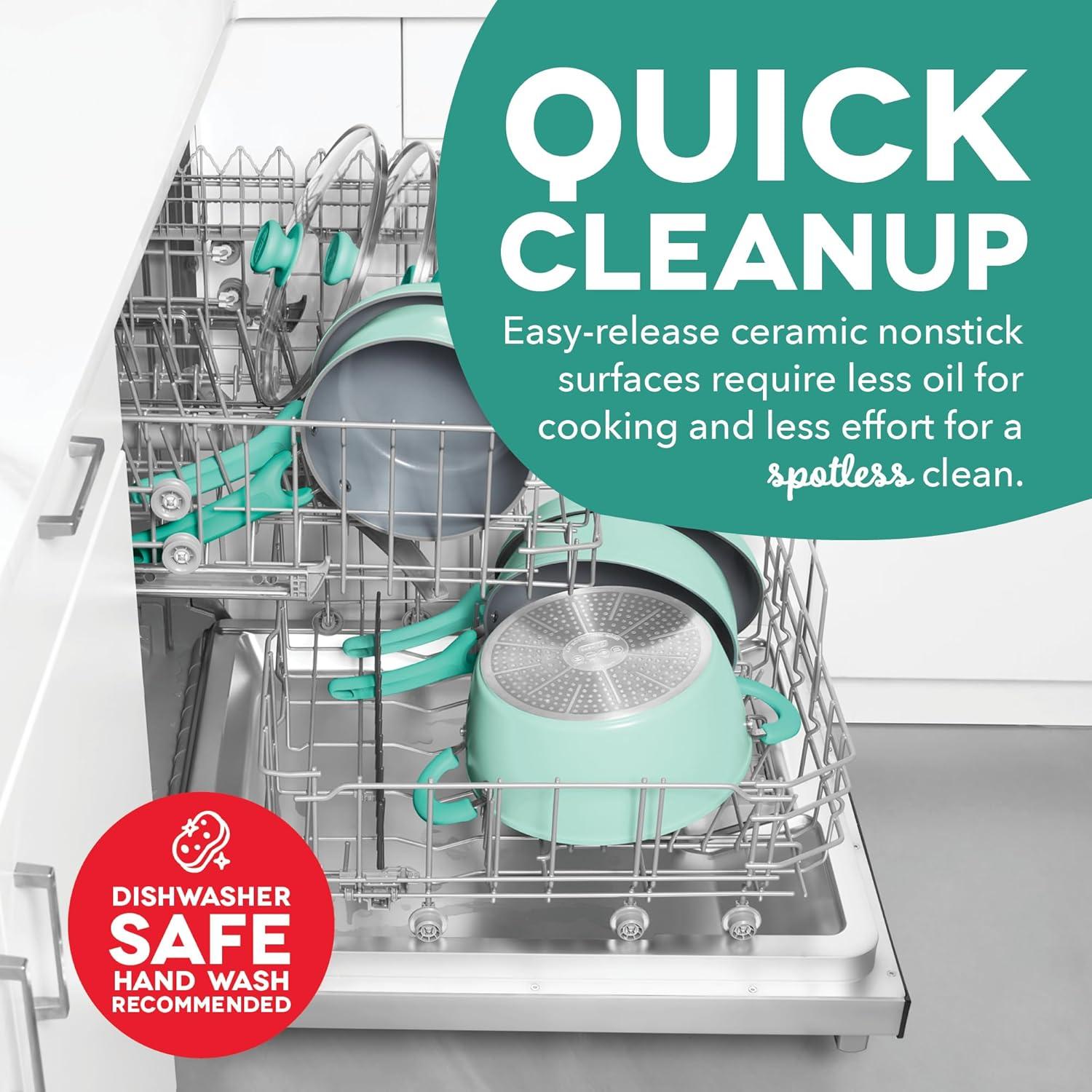 imageDASH Dream Green Nonstick Ceramic Cookware Set 15 Piece Pink Recycled Aluminum and Ceramic Nonstick Cookware Set Oven Safe and Compatible with All CooktopsAqua