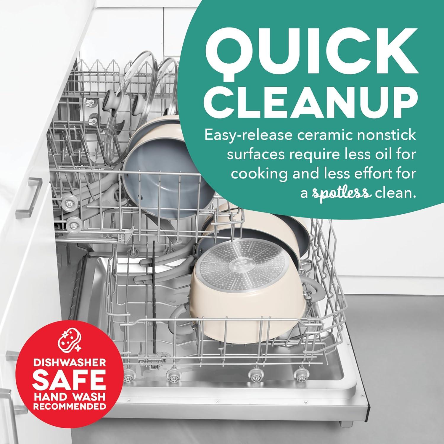 imageDASH Dream Green Nonstick Ceramic Cookware Set 15 Piece Pink Recycled Aluminum and Ceramic Nonstick Cookware Set Oven Safe and Compatible with All CooktopsCream