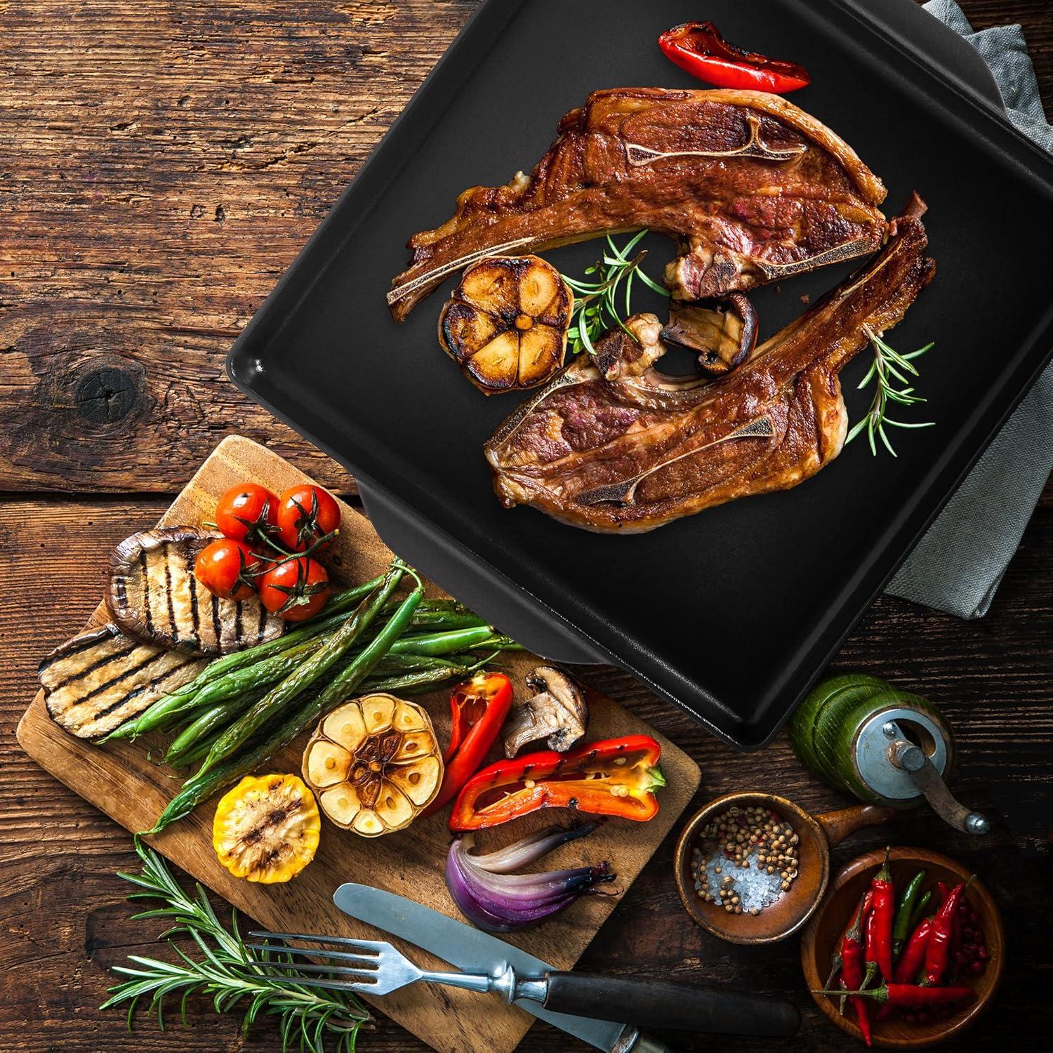 imageZakarian by Dash 12quotx12quot Nonstick Cast Iron Grill Topper for Perfect Sear on Steaks Burgers Fish Vegetables and More  Black