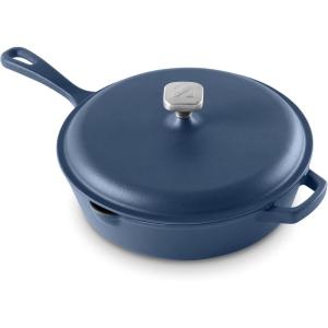 Zakarian by Dash 4.5QT Nonstick Cast Iron Deep Skillet with Cast Iron Lid for Family-Sized Meals, Frying, Roasting, Baking, One-Pot Meals and More – Black(Blue)
