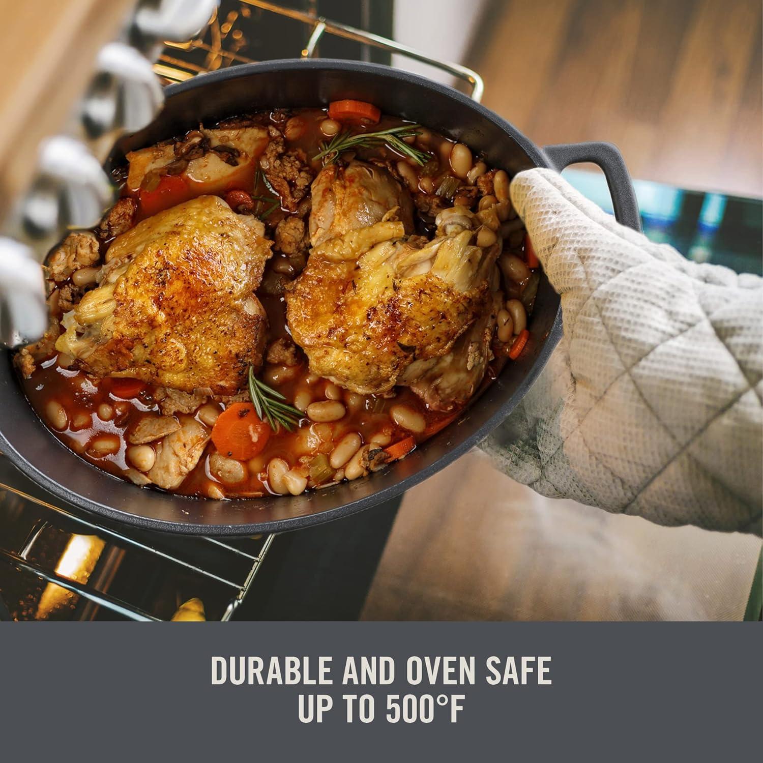 imageDASH Zakarian by Dash 6 Qt Nonstick Cast Iron Double Dutch Oven Oval Pot with 2in1 Skillet Lid BlackDutch Oven