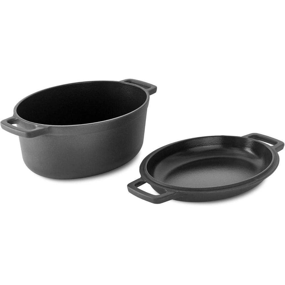 imageDASH Zakarian by Dash 6 Qt Nonstick Cast Iron Double Dutch Oven Oval Pot with 2in1 Skillet Lid BlackDutch Oven