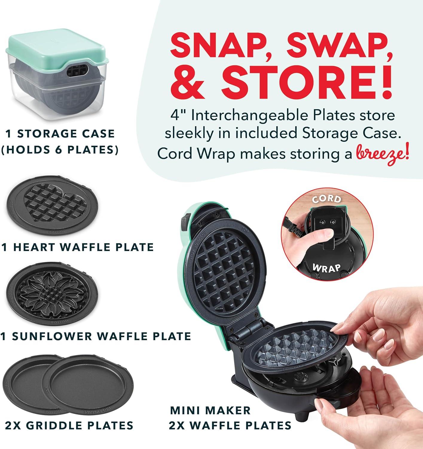 imageDASH Holiday MultiMaker Mini System Waffle Maker with Six 4 Removable Holiday Plates Waffle Iron ampamp Griddle 4in1 Mini Waffle Maker for Kids and Families Nonstick Surface Santa Waffle RedAqua Maker 6 Plates Storage Case