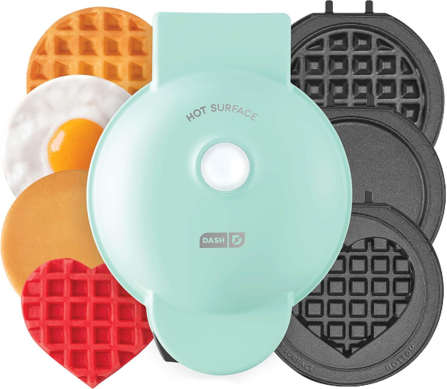 imageDASH Holiday MultiMaker Mini System Waffle Maker with Six 4 Removable Holiday Plates Waffle Iron ampamp Griddle 4in1 Mini Waffle Maker for Kids and Families Nonstick Surface Santa Waffle RedAqua Maker 5 Plates Storage Case