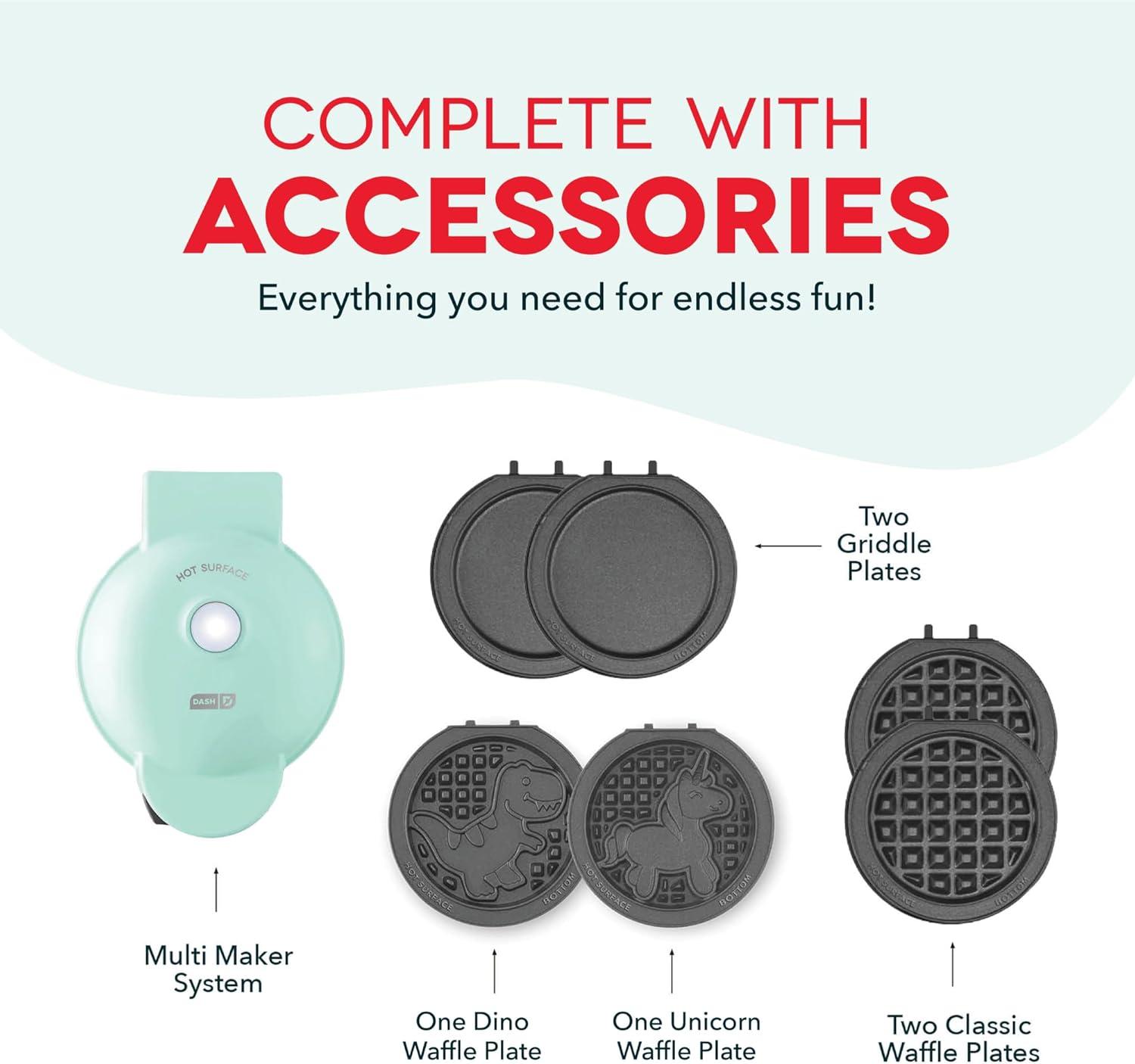 imageDASH Holiday MultiMaker Mini System Waffle Maker with Six 4 Removable Holiday Plates Waffle Iron ampamp Griddle 4in1 Mini Waffle Maker for Kids and Families Nonstick Surface Santa Waffle RedAqua Maker 6 Plates