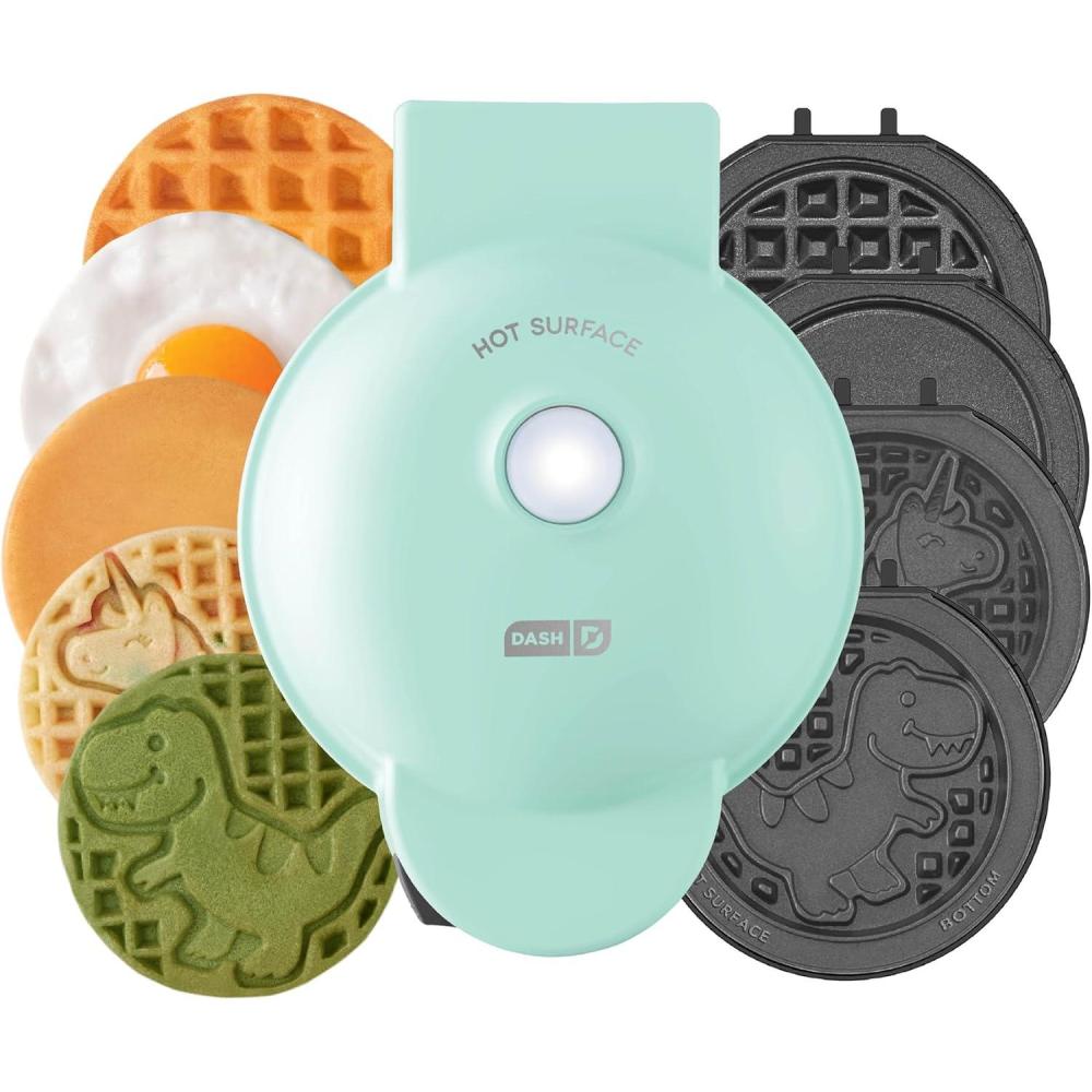 imageDASH Holiday MultiMaker Mini System Waffle Maker with Six 4 Removable Holiday Plates Waffle Iron ampamp Griddle 4in1 Mini Waffle Maker for Kids and Families Nonstick Surface Santa Waffle RedAqua Maker 6 Plates