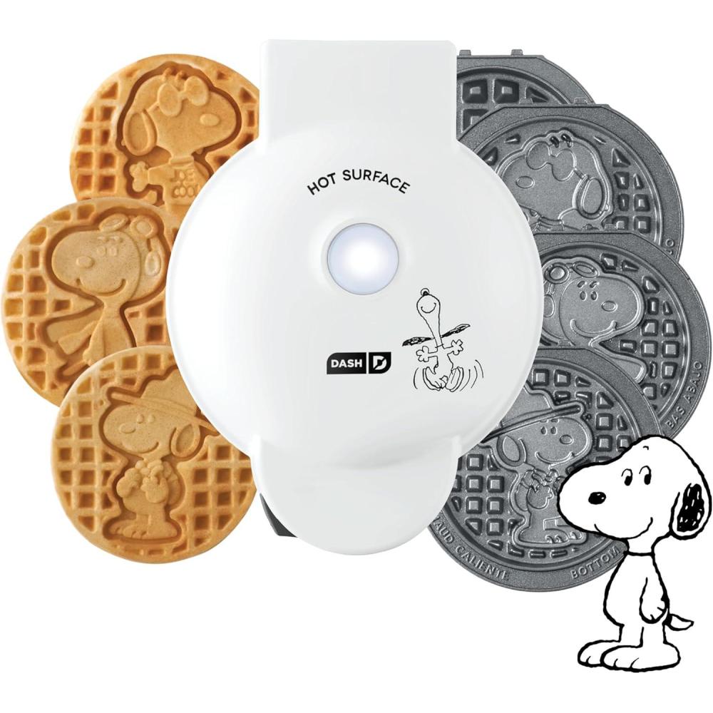 imageDASH Holiday MultiMaker Mini System Waffle Maker with Six 4 Removable Holiday Plates Waffle Iron ampamp Griddle 4in1 Mini Waffle Maker for Kids and Families Nonstick Surface Santa Waffle RedPeanuts 4 Plates