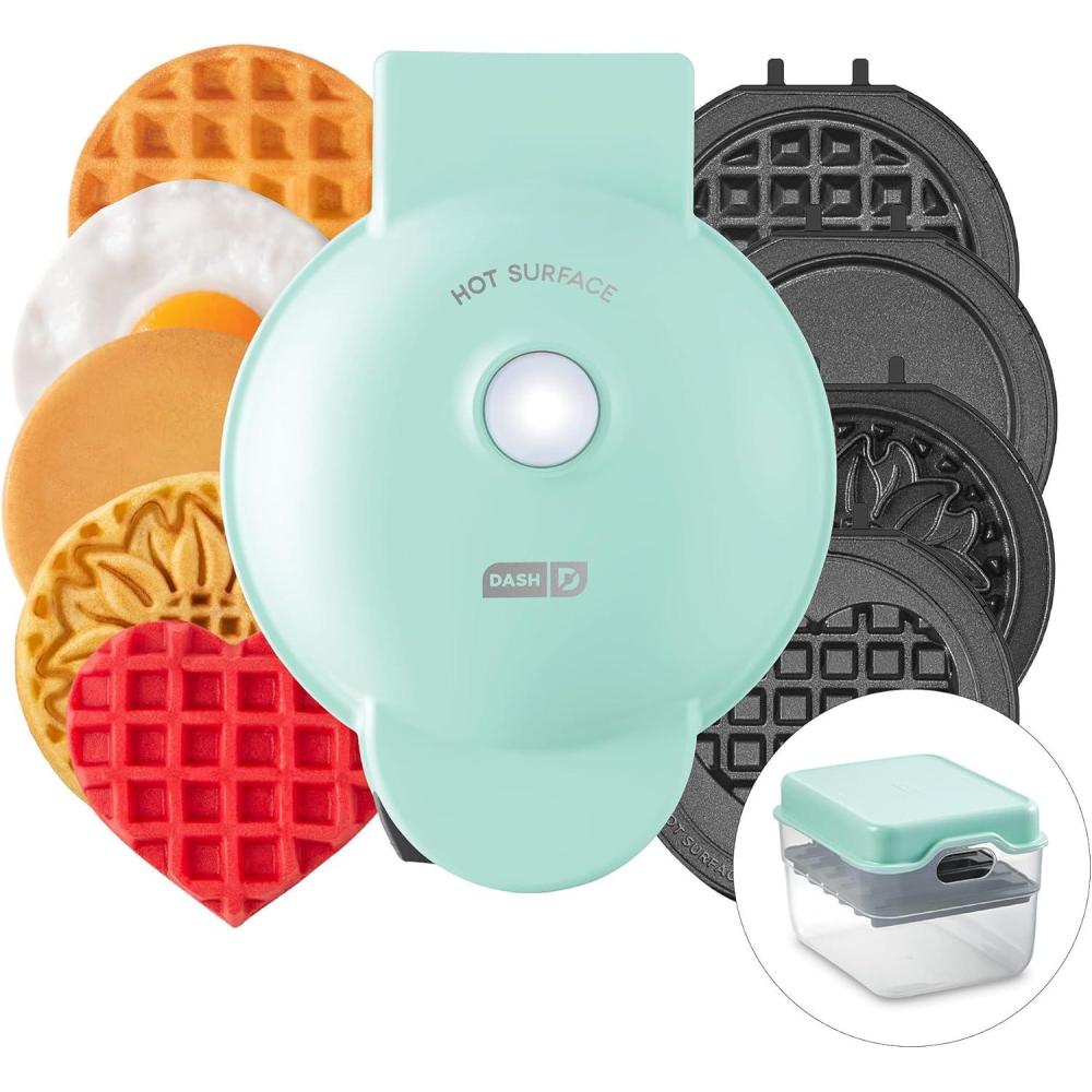imageDASH Holiday MultiMaker Mini System Waffle Maker with Six 4 Removable Holiday Plates Waffle Iron ampamp Griddle 4in1 Mini Waffle Maker for Kids and Families Nonstick Surface Santa Waffle RedAqua Maker 6 Plates Storage Case