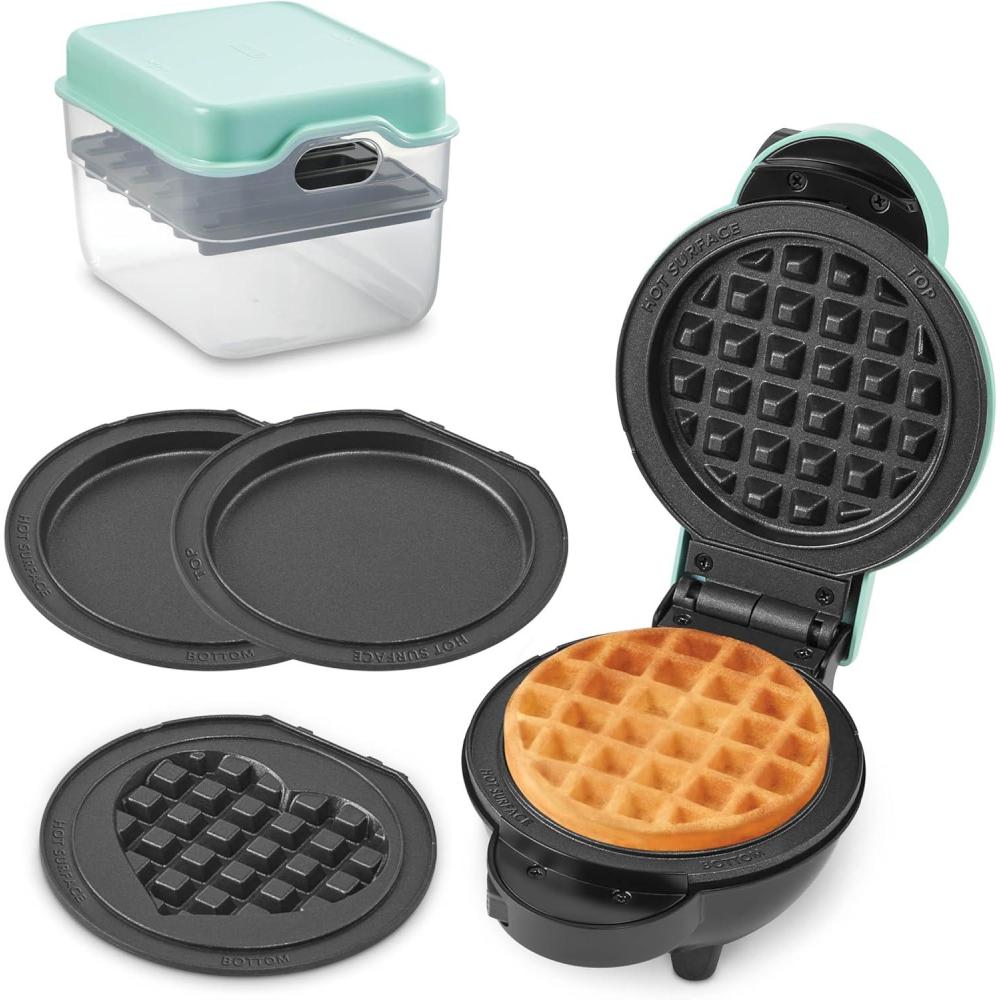 imageDASH Holiday MultiMaker Mini System Waffle Maker with Six 4 Removable Holiday Plates Waffle Iron ampamp Griddle 4in1 Mini Waffle Maker for Kids and Families Nonstick Surface Santa Waffle RedAqua Maker 5 Plates Storage Case