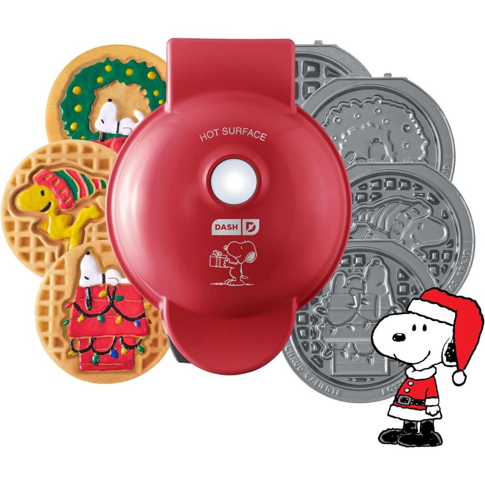 imageDASH Holiday MultiMaker Mini System Waffle Maker with Six 4 Removable Holiday Plates Waffle Iron ampamp Griddle 4in1 Mini Waffle Maker for Kids and Families Nonstick Surface Santa Waffle RedPeanuts Holiday Maker 4 Plates