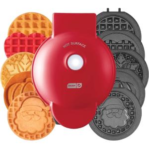 DASH Holiday MultiMaker® Mini System – Waffle Maker with Six 4” Removable Holiday Plates: Waffle Iron & Griddle, 4-in-1 Mini Waffle Maker for Kids and Families – Nonstick Surface, Santa Waffle (Red)(Holiday Maker + 6 Plates)