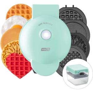 DASH Holiday MultiMaker® Mini System – Waffle Maker with Six 4” Removable Holiday Plates: Waffle Iron & Griddle, 4-in-1 Mini Waffle Maker for Kids and Families – Nonstick Surface, Santa Waffle (Red)(Aqua Maker + 6 Plates + Storage Case)