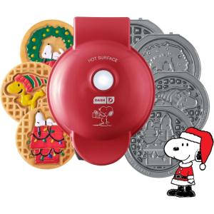 DASH Holiday MultiMaker® Mini System – Waffle Maker with Six 4” Removable Holiday Plates: Waffle Iron & Griddle, 4-in-1 Mini Waffle Maker for Kids and Families – Nonstick Surface, Santa Waffle (Red)(Peanuts® Holiday Maker + 4 Plates)