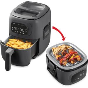 Dash Flip & Fry™ Digital 2-in-1 Grill + Air Fryer with 5 functions, 3 Qt Capacity, Air fryer & Indoor Grill for fries, wings, burgers and more – Forged Iron(Forged Iron)