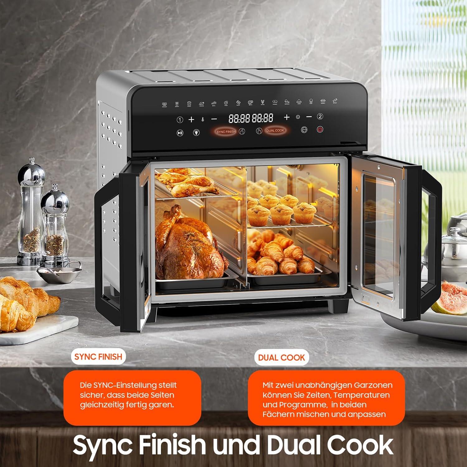 imageAir Fryer Dual Zone 23L XXL Friteuse Air avec sparateur amovible Friteuse sans huile avec portes French Door 15 programmes Grande fentre 5 ensembles daccessoires Livre de recette